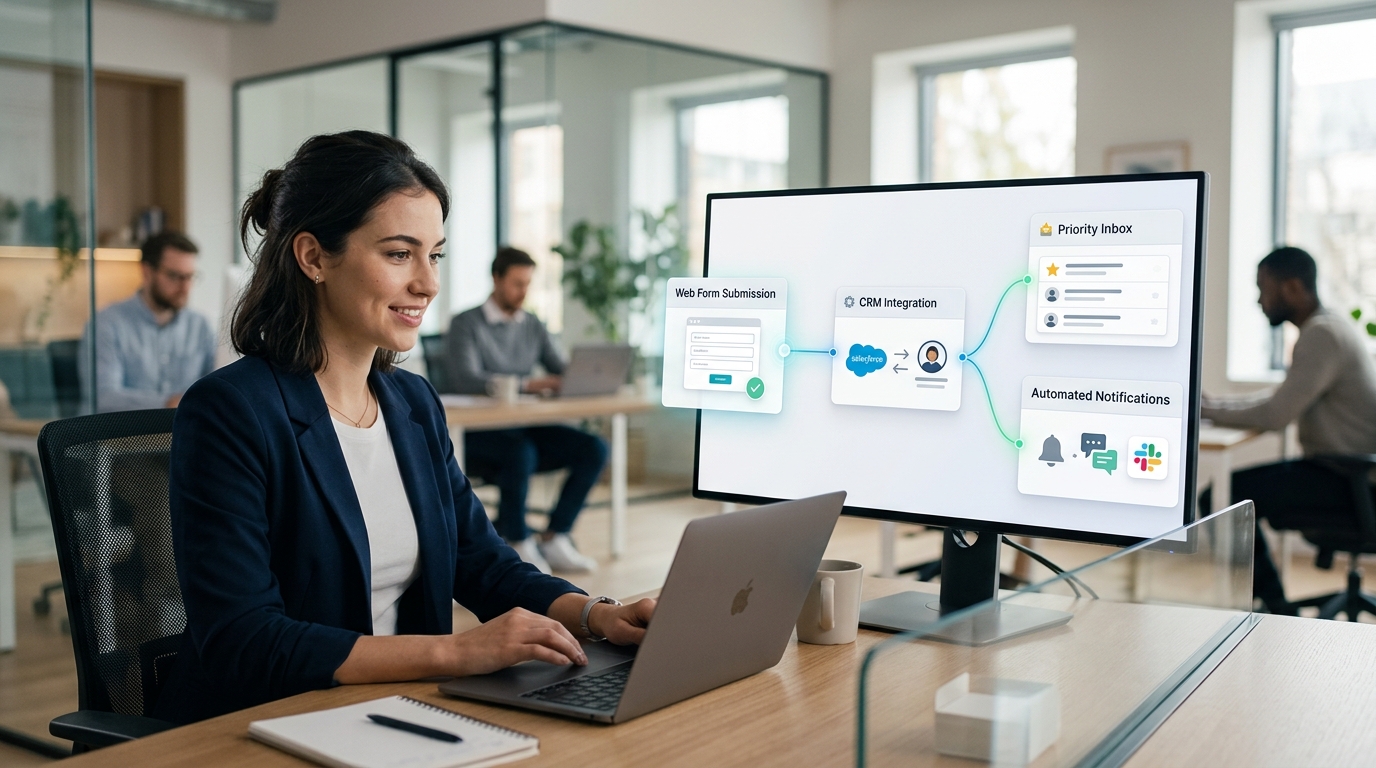 Panel SaaS de automatización conecta formulario web, CRM y prioridades de venta