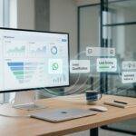 Interfaz SaaS conectando WhatsApp API con CRM y automatización comercial
