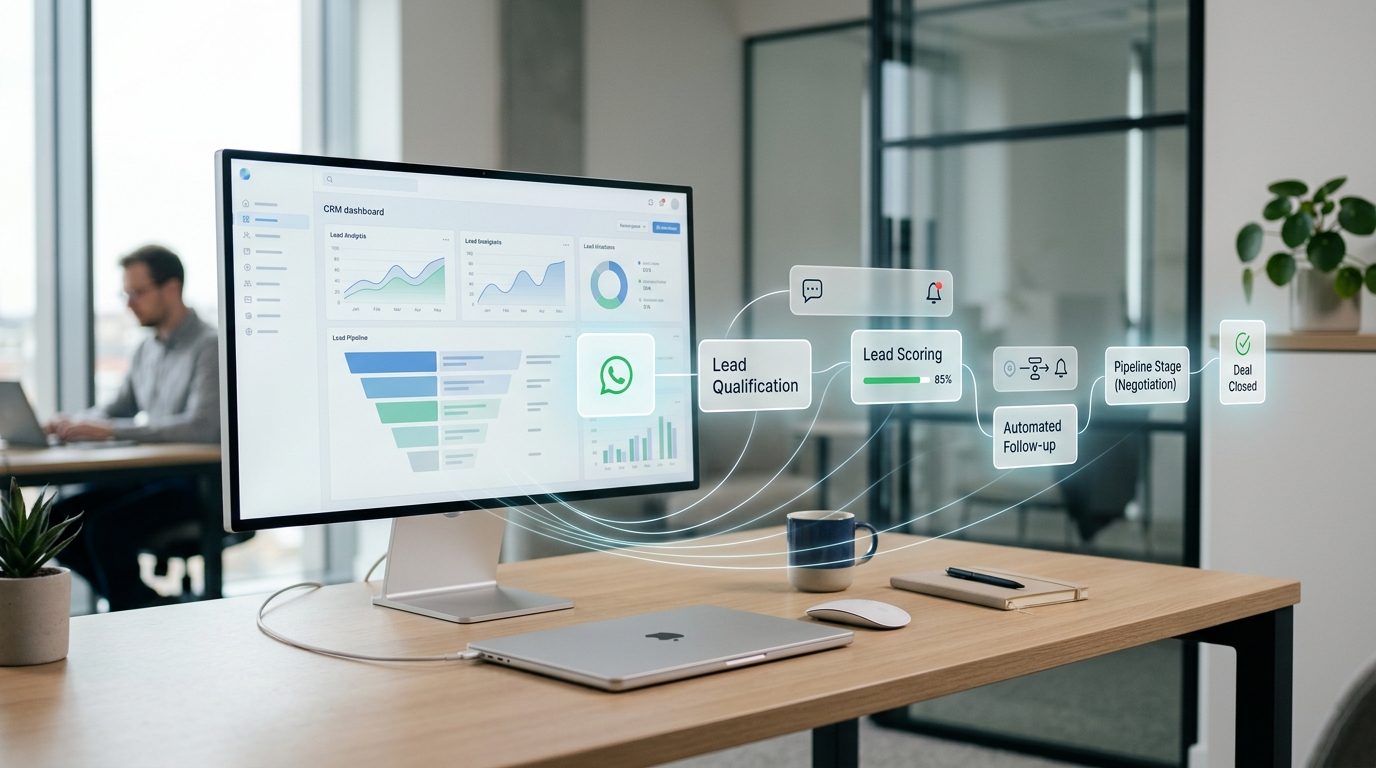 Interfaz SaaS conectando WhatsApp API con CRM y automatización comercial