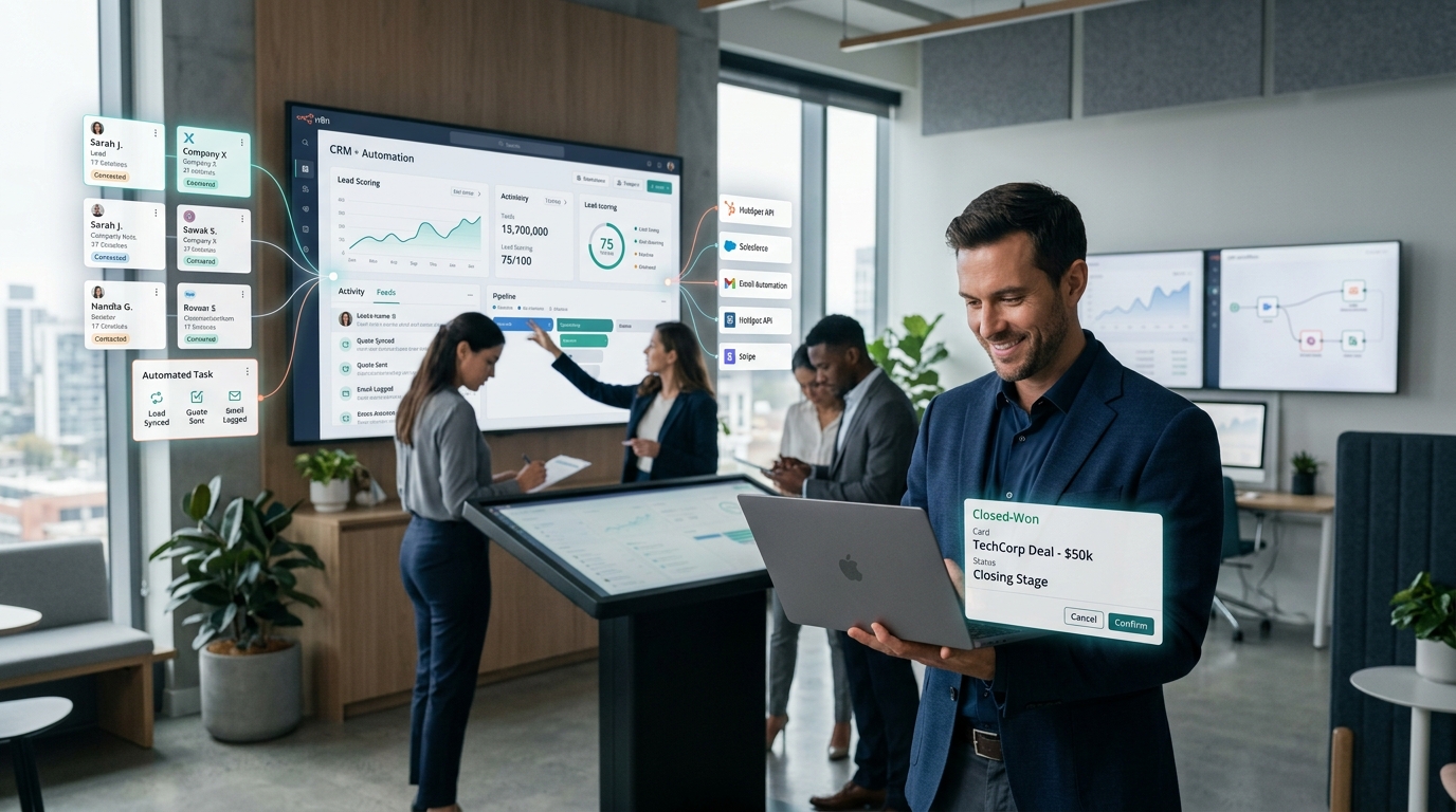 Equipo comercial usando automatización para eliminar tareas manuales en ventas