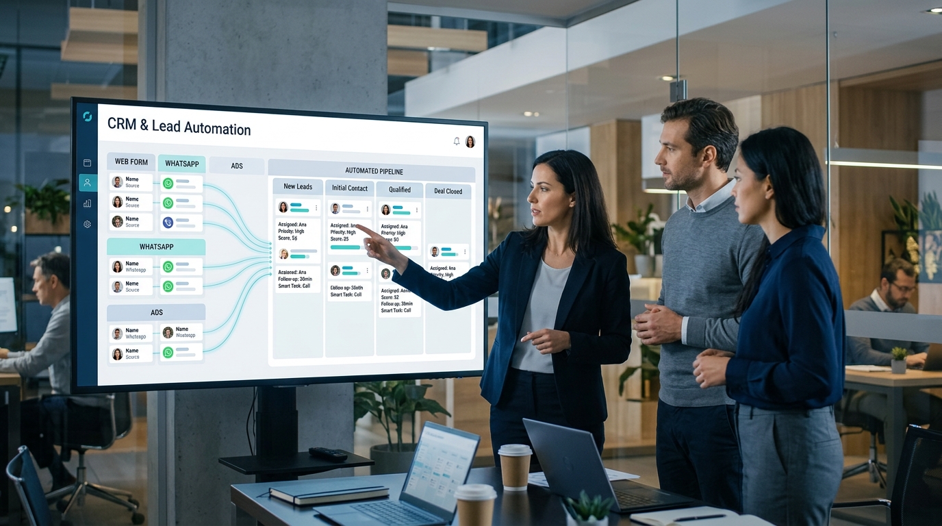 Equipo de PyME usando un CRM para automatizar seguimiento de leads desde distintos canales