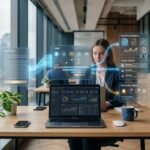 Automatización para seguimiento de ventas en una oficina moderna con paneles digitales