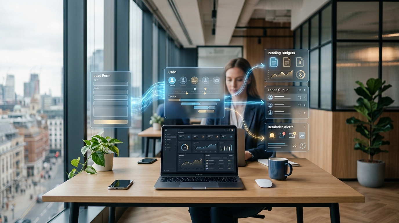 Automatización para seguimiento de ventas en una oficina moderna con paneles digitales
