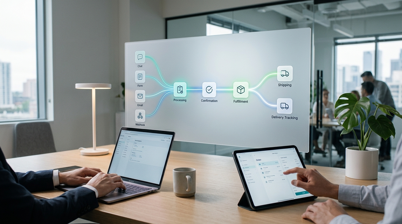 Interfaz SaaS que centraliza automatización de pedidos desde varios canales empresariales